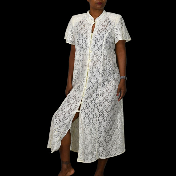 Vintage Lace Midi Dress White Ivory Button Front 80s Sheer Corset Lacing Medium - Picture 6 of 16